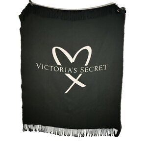Victoria's Secret Throw Blanket With Fringe & Logo Design Black Pink Soft 50x50"